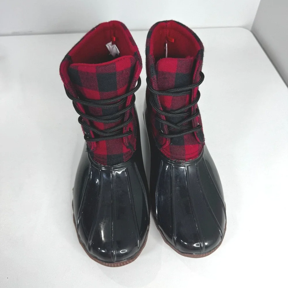 Jessica Carlyle Womens Buffalo Plaid Duck Boots Black Red Rain Snow Size 10
